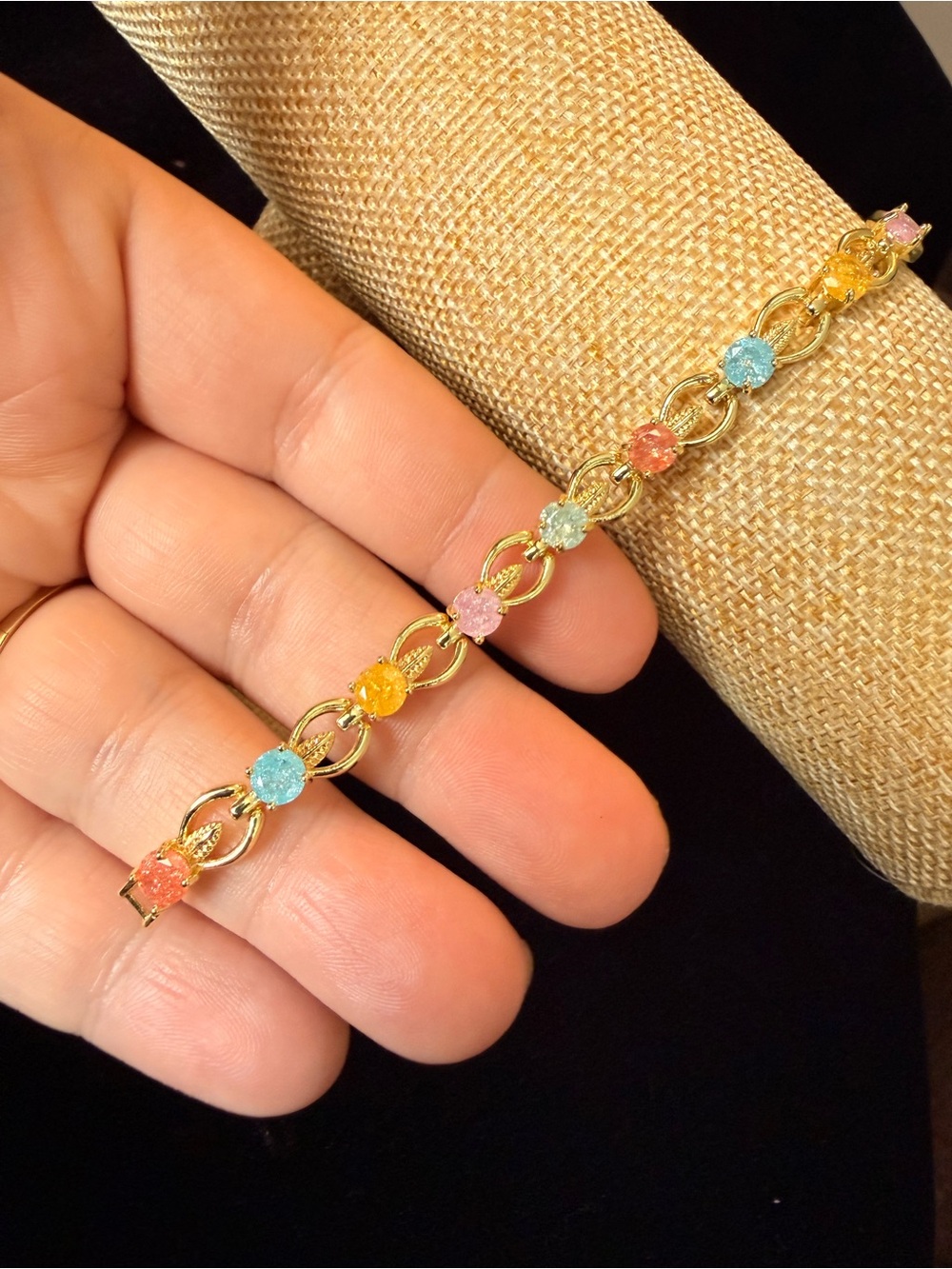 Gold-Tone Multicolor Stone Link Bracelet - Pink, Blue, Yellow, Mint